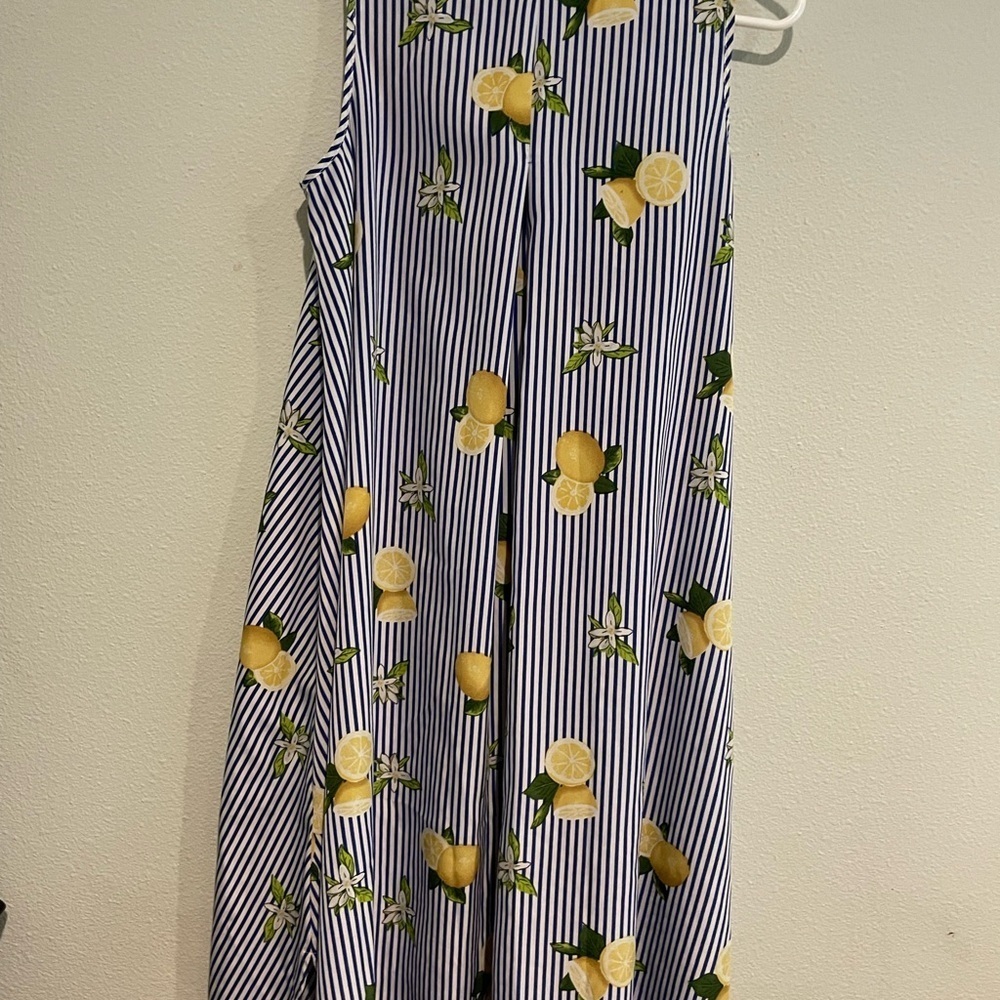 Navy and White Striped Sleeveless Shirt Dress with novelty lemon print.  Size S - Picture 5 of 5